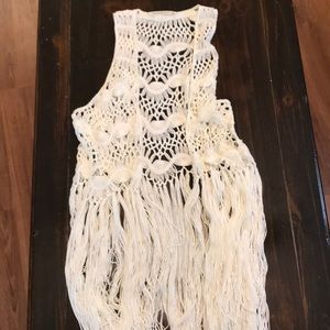 Hippie Laundry Crochet open front vest w/ fringe